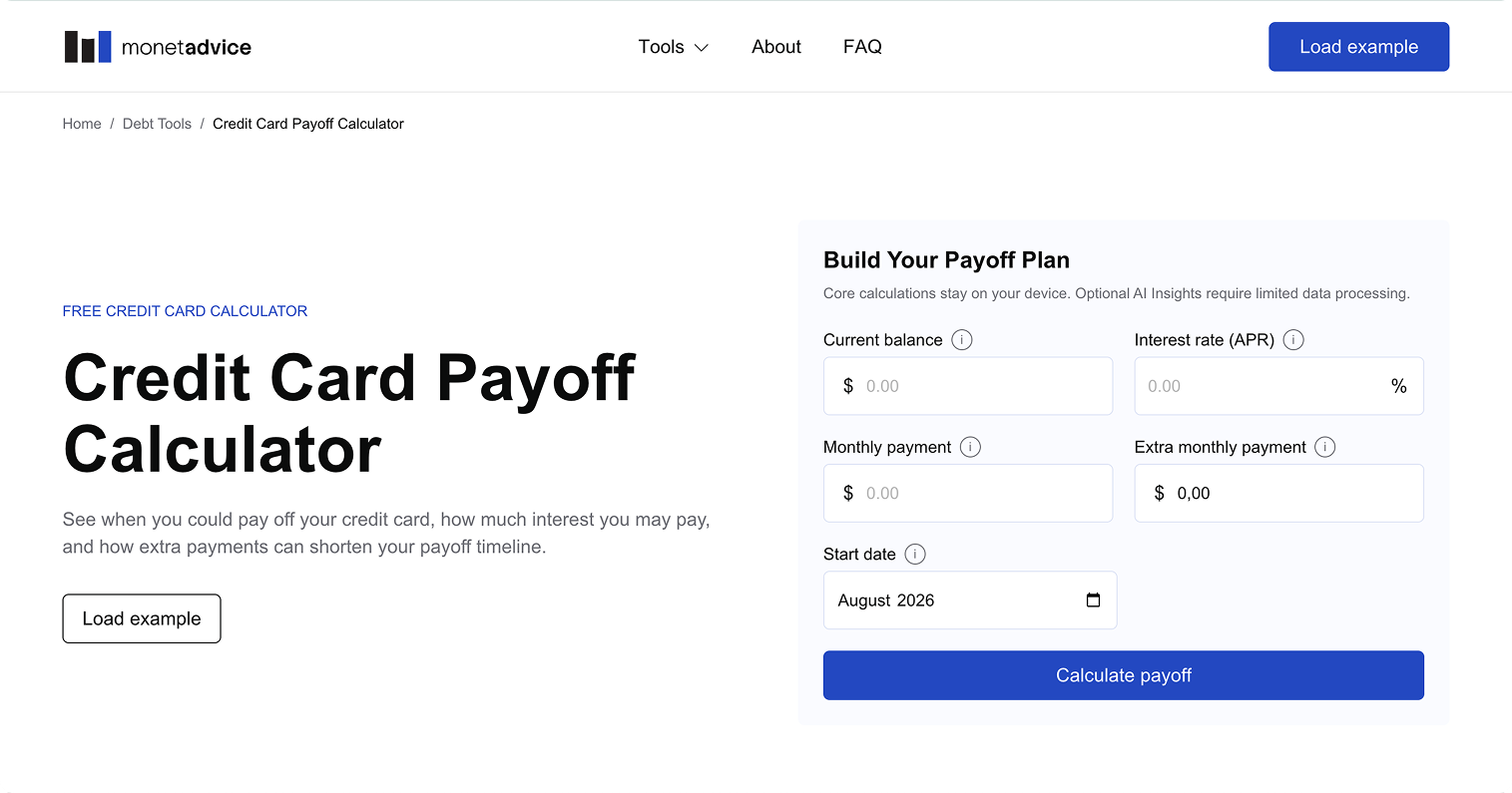 Credit Card Payoff Calculator interface